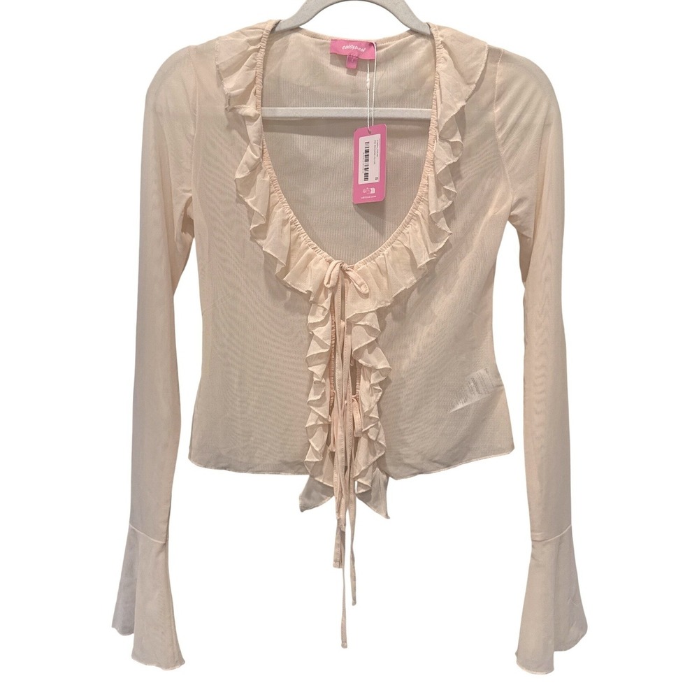 New Edikted Y2K Sheer Mesh Ruffle Tie Front Top Size S Nude Fairycore